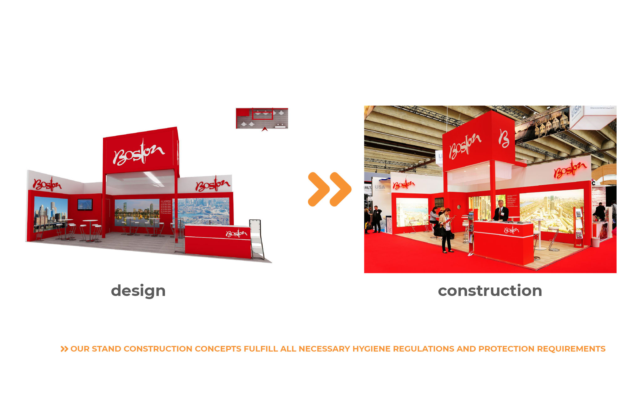 Two stands versions of the same fair stand, one shows a rendering, the other the realization, there is also a COVID-19 notice in the picture saying "our stand construction concepts fulfill all necessary hygiene regulations and protection requirements